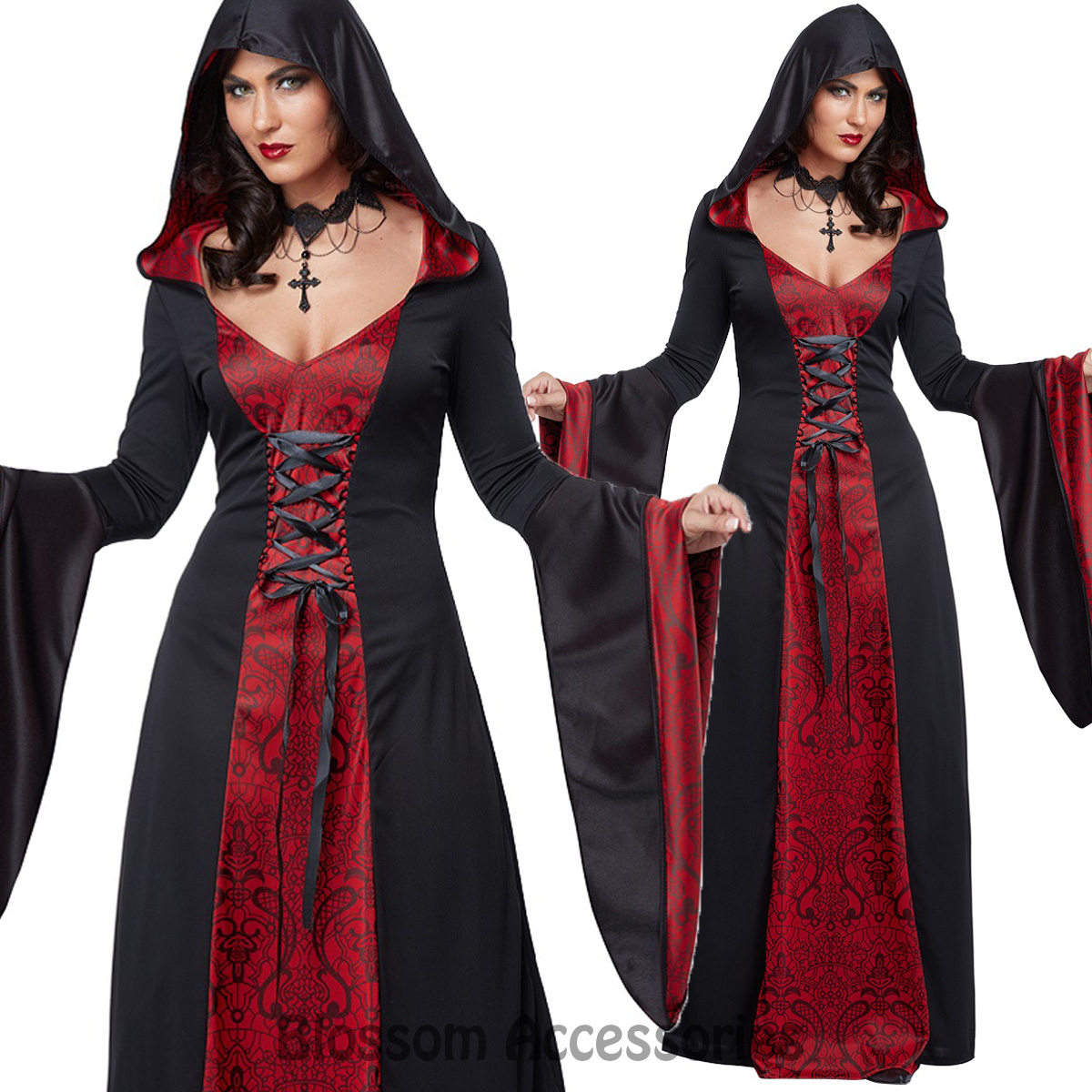 CA109 Deluxe Red Hooded Robe Gothic Vampire Vampiress Witch Halloween ...