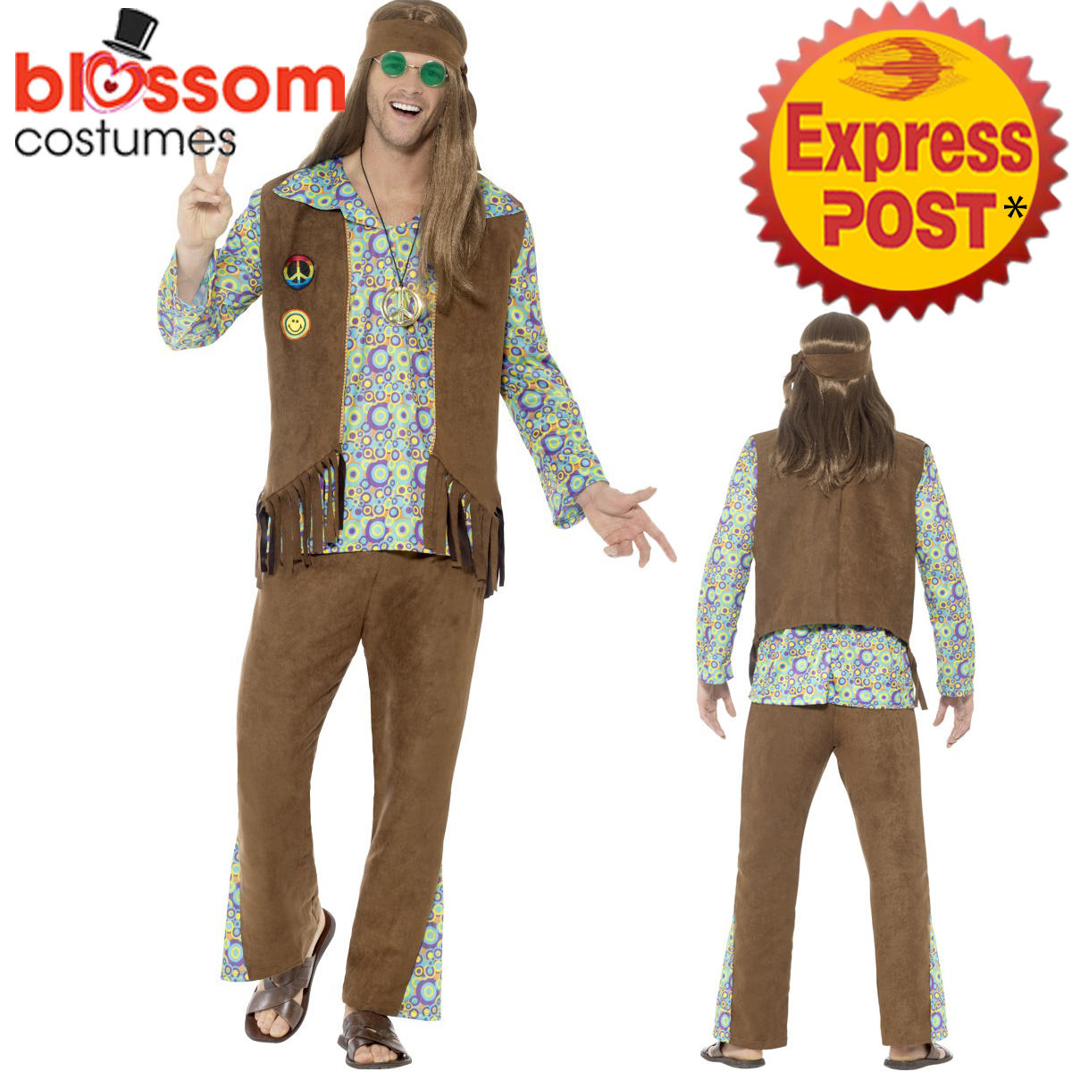 CA399 Mens Hippie Disco Costume 1960s Hippy Fancy Dress Up Retro 1970s ...