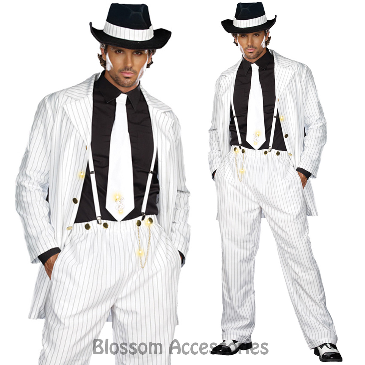Cl881 Zoot Suit Mens White Gangster 20s 1920s Pinstripes Fancy Dress Up Costume Ebay