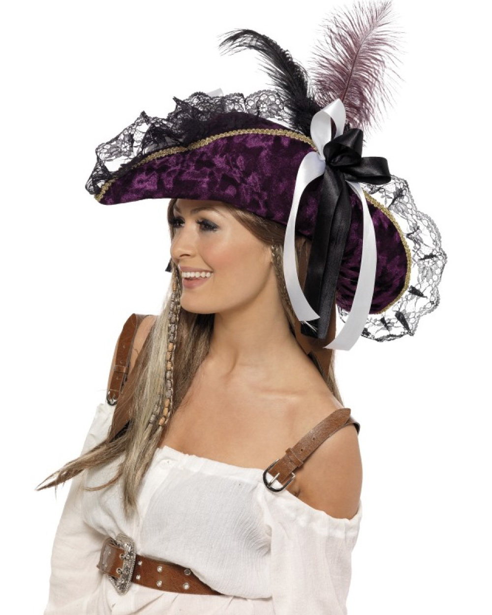 A570 Womens Fever Marauding Purple Pirate Hat w/ Feather Costume Accessory