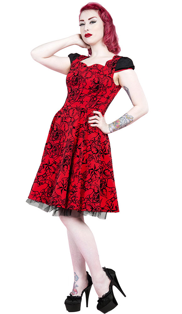 RKH52 Hearts & Roses Flocked Pin Up Party Rockabilly Dress 50's Vintage ...