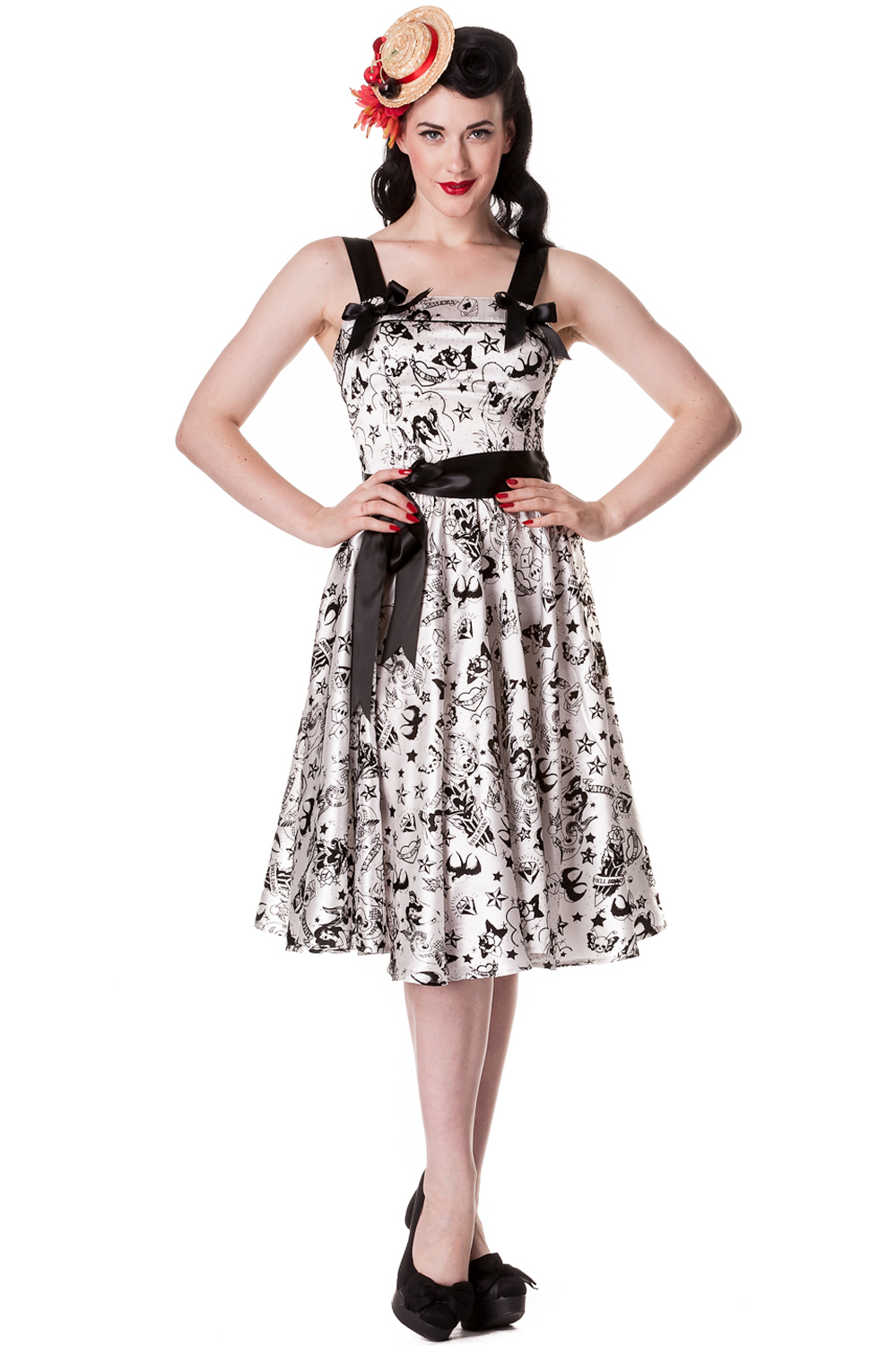 RKP8 Hell Bunny Tattoo Flock Satin 50s Rockabilly Dress Pin Up Swing ...